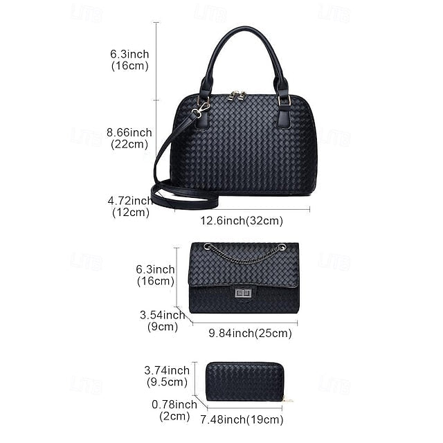 Handbag Set Brown Leather Woven 3-Piece Faux