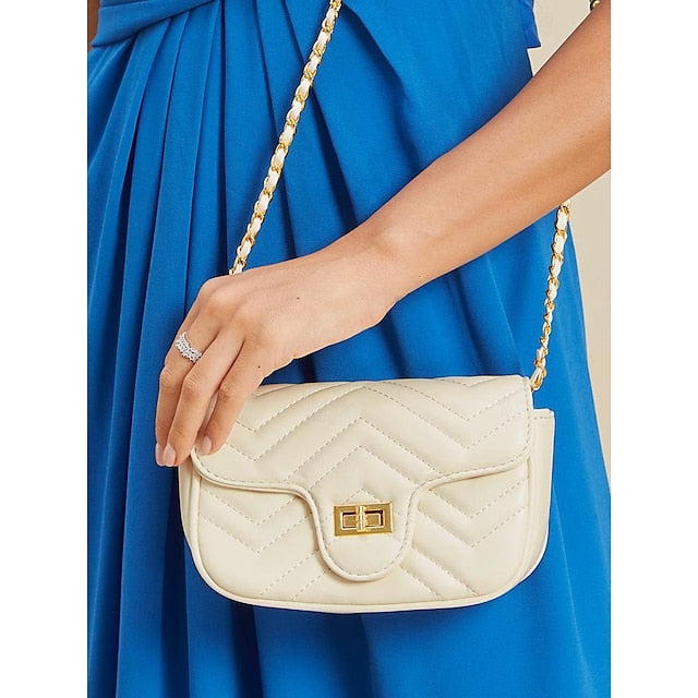 Leather Bag White Crossbody with Gold Elegant Chain