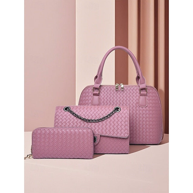 Handbag Set Brown Leather Woven 3-Piece Faux