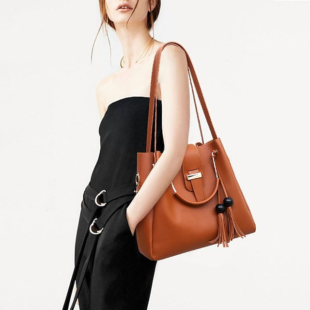 Tote Pink Leather - Handbag Faux Set 3-Piece