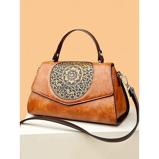 Floral Faux Vintage Engraved Handbag Leather