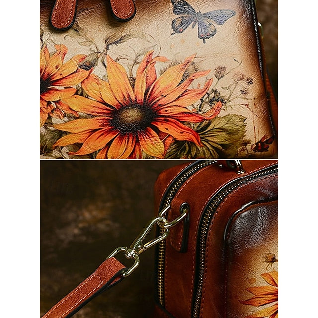 Sunflower Print Vintage with Handbag Leather and Butterfly