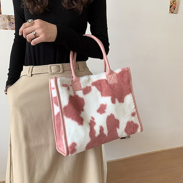 Leopard Bag Fur Brown Leather Faux Print with Tote