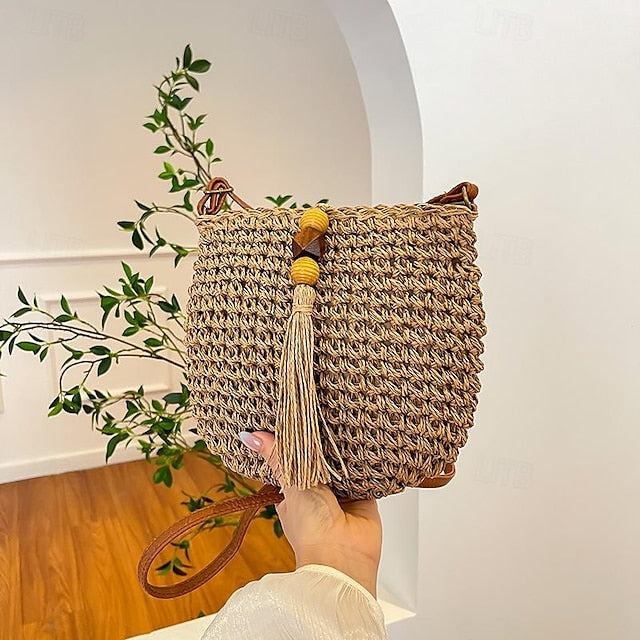 Tassel Bag Woven Boho Handbag Straw Crossbody