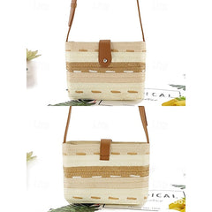 Striped with Bag Colorblock Straw Woven Brown Tote