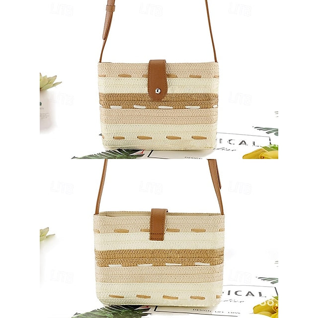 Woven with Colorblock Straw Striped Brown Tote Bag