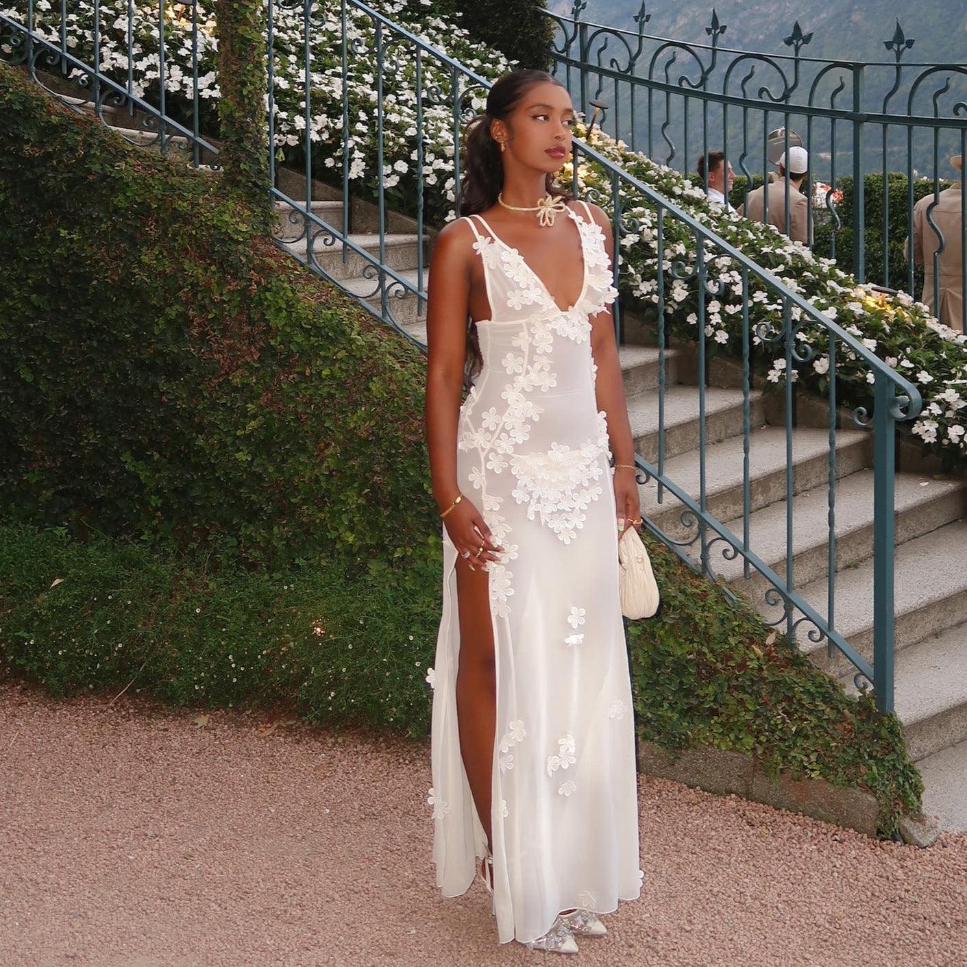 Vestido largo de malla Ivory Bloom