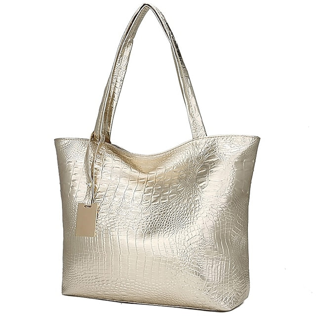 Bag Faux Large Tote Embossed Croc Silver Capacity
