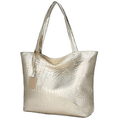 Bag Faux Large Tote Embossed Croc Silver Capacity