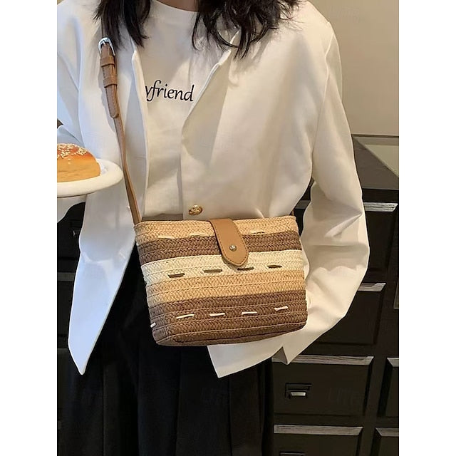 Woven with Colorblock Straw Striped Brown Tote Bag