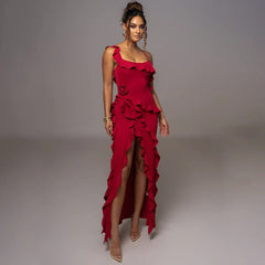 Backless Slit Spliced Halter Dress