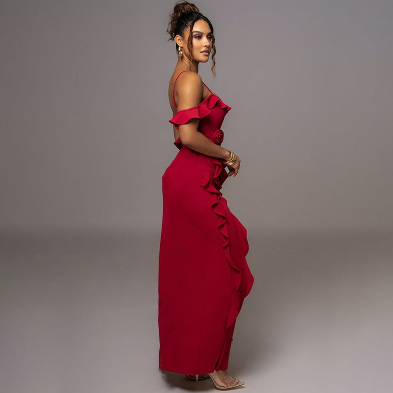 Backless Slit Spliced Halter Dress