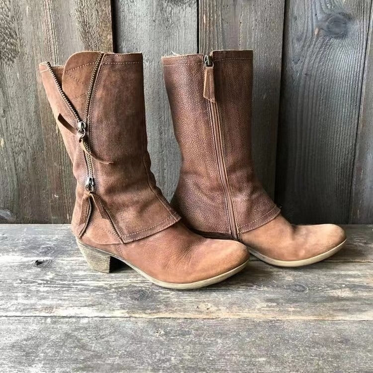 Flat-Bottomed Flanged Side Zipper Boots