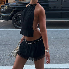 Pearl Chain Halter Top And Skirt Set