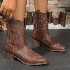 Pointed-Toe Chunk-Heeled Cowboy Boots