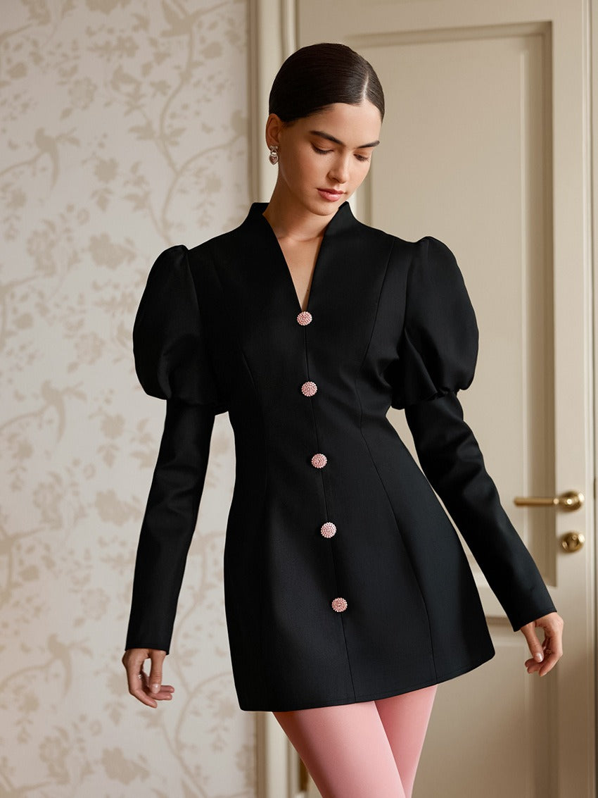 Waist-Cinching Puffed-Sleeve Suit Dress