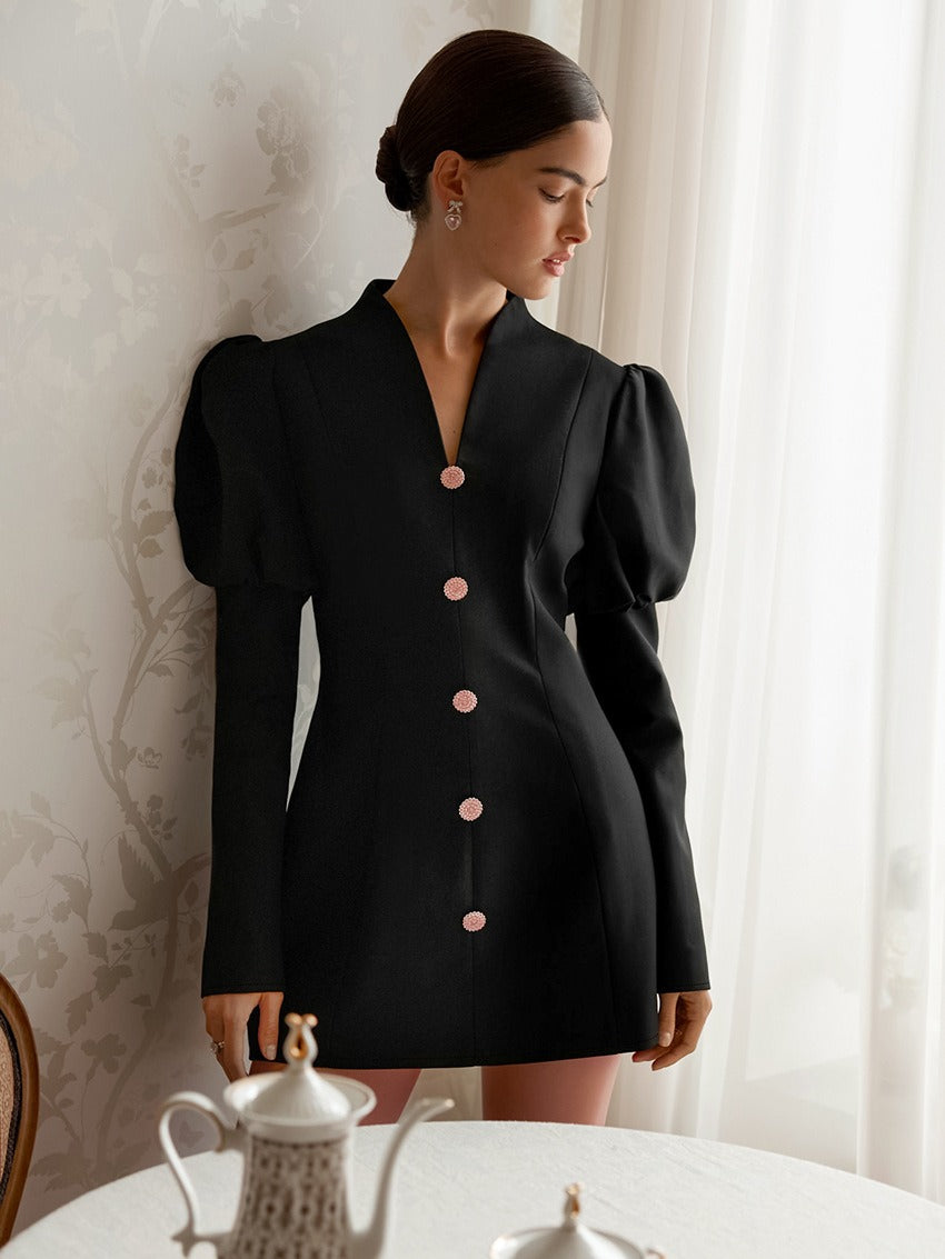 Waist-Cinching Puffed-Sleeve Suit Dress