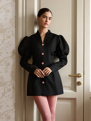Waist-Cinching Puffed-Sleeve Suit Dress