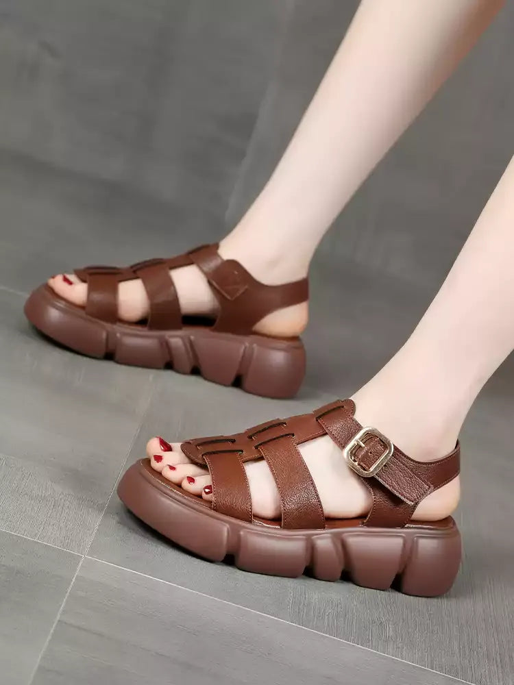 Leather Spliced Solid Platform Sandals