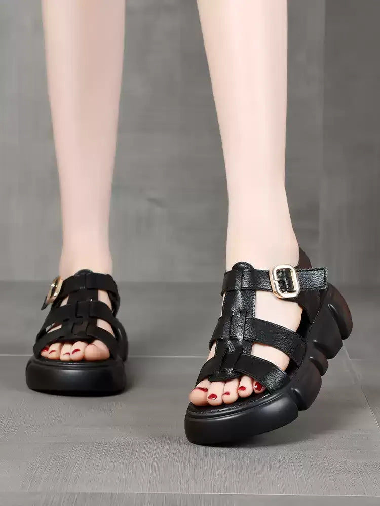 Leather Spliced Solid Platform Sandals