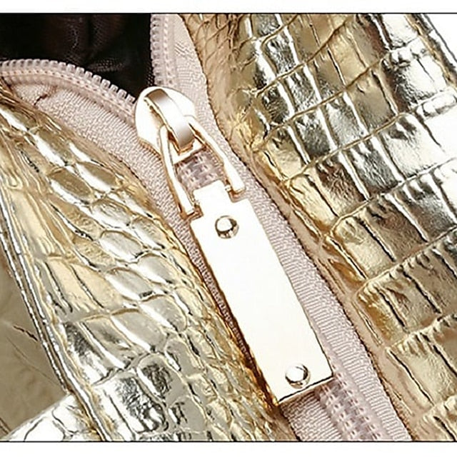 Bag Faux Large Tote Embossed Croc Silver Capacity