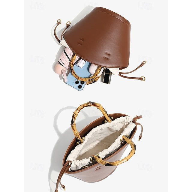 Bucket Bag Bamboo Handle Leather Brown with