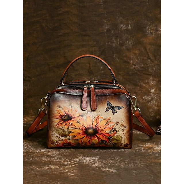 Sunflower Print Vintage with Handbag Leather and Butterfly