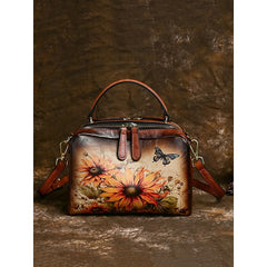 Sunflower Print Vintage with Handbag Leather and Butterfly