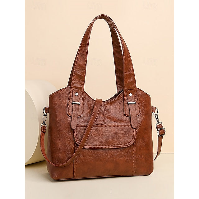 Brown Faux Bag Leather Tote with Vintage Dual