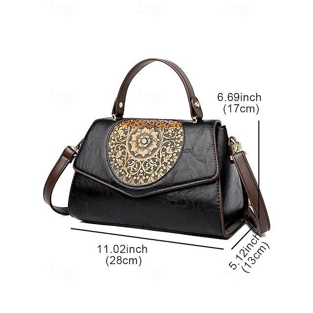 Floral Faux Vintage Engraved Handbag Leather