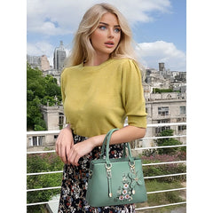 Faux Handbag Embroidery Floral with Leather Green