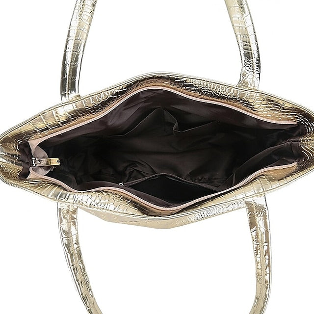 Bag Faux Large Tote Embossed Croc Silver Capacity