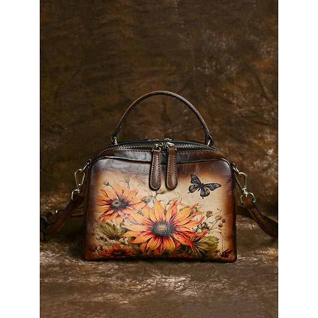 Sunflower Print Vintage with Handbag Leather and Butterfly