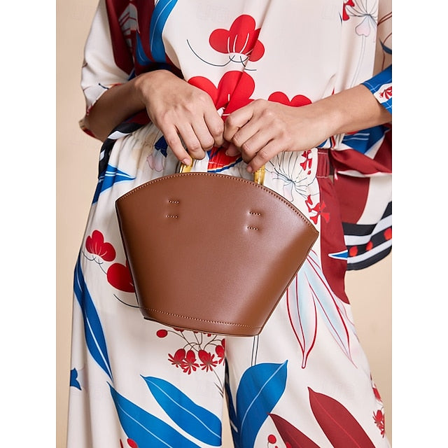 Bamboo with Leather Bag Handle Bucket Brown