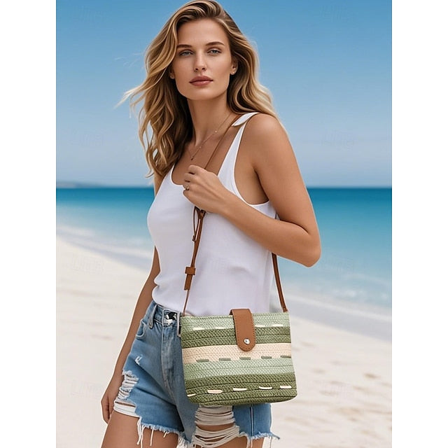 Woven with Colorblock Straw Striped Brown Tote Bag