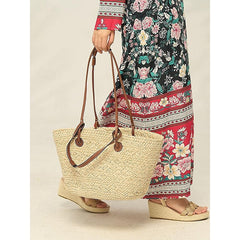Chic Large Bag Straw Tote with Straps Leather Boho