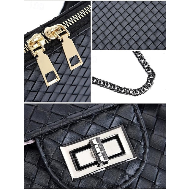 Handbag Set Brown Leather Woven 3-Piece Faux