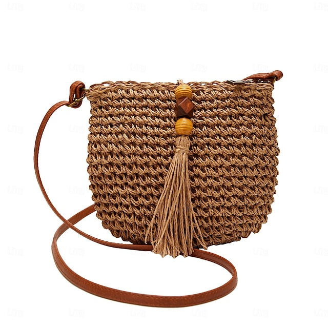 Tassel Bag Woven Boho Handbag Straw Crossbody