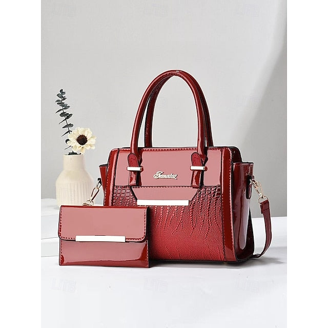 Faux Glossy Patent Handbag Set Leather