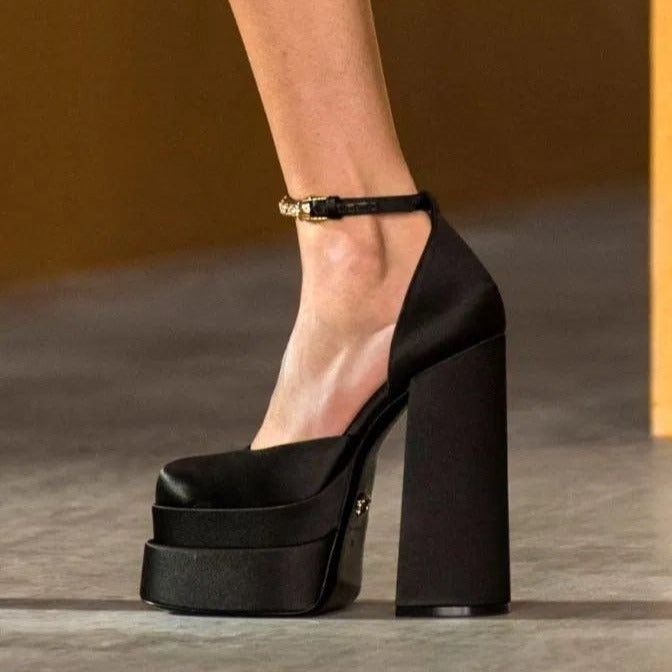 Runaway Double Platform Crystal Strap Satin Pumps