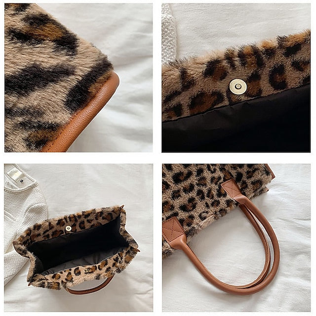 Leopard Bag Fur Brown Leather Faux Print with Tote