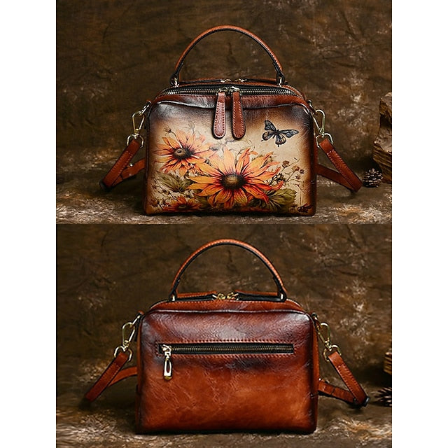 Sunflower Print Vintage with Handbag Leather and Butterfly