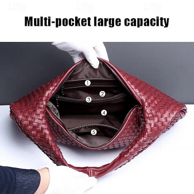 Chic Burgundy Hobo Woven Leather Bag Faux