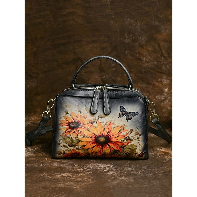 Sunflower Print Vintage with Handbag Leather and Butterfly