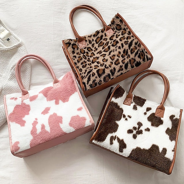 Leopard Bag Fur Brown Leather Faux Print with Tote