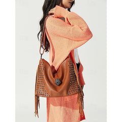 Brown Leather Boho Studded Bag Hobo Skull Fringe