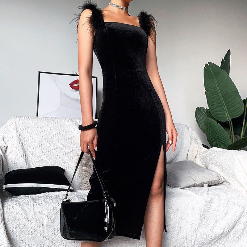 All That And More Feather Velvet Midi Dress