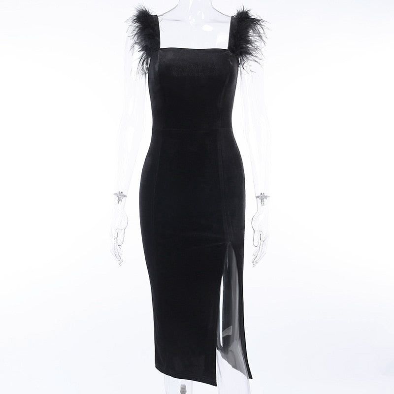 All That And More Feather Velvet Midi Dress