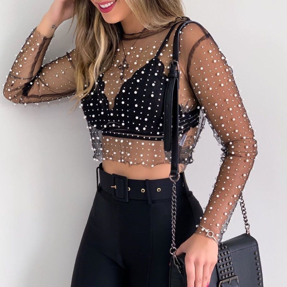 Song Of Pearl Long Sleeve Mesh Crop Top