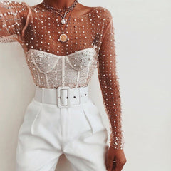 Song Of Pearl Long Sleeve Mesh Crop Top